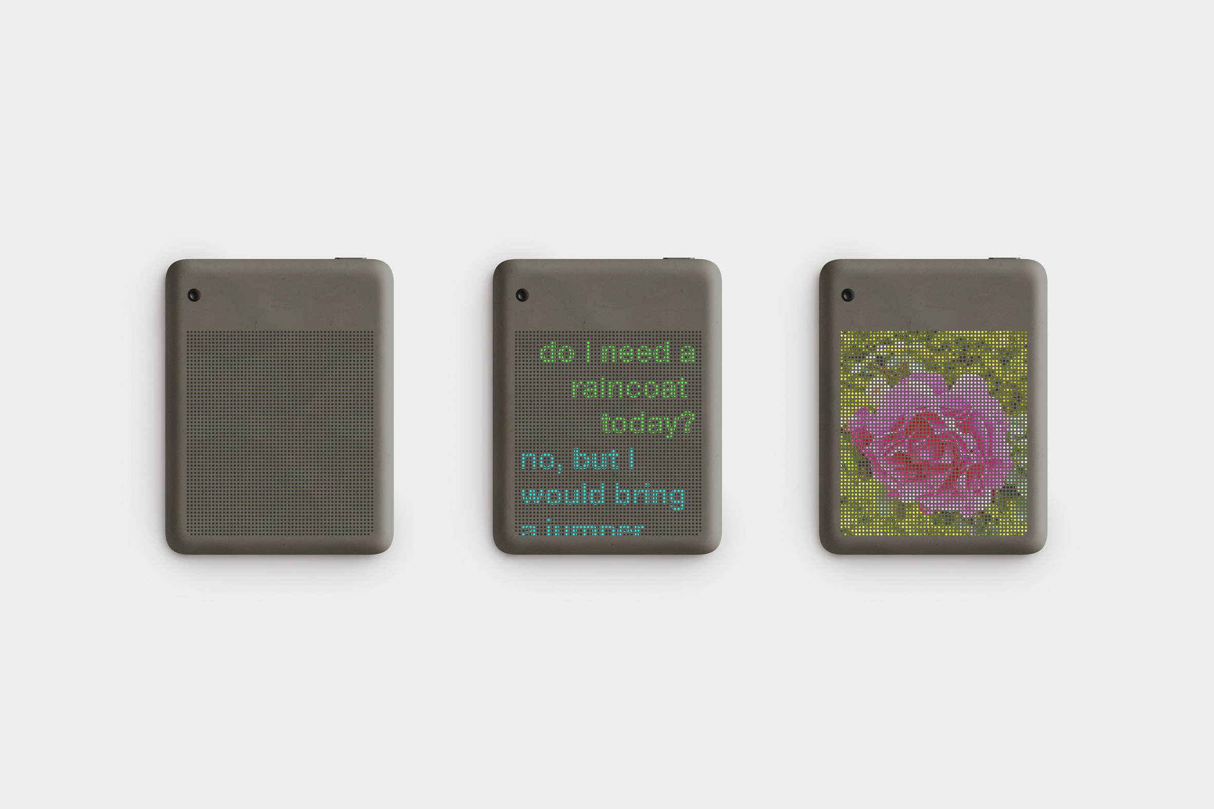 Three SUSA devices: one off, one displaying text "do I need a raincoat today?" and one displaying image of a flower