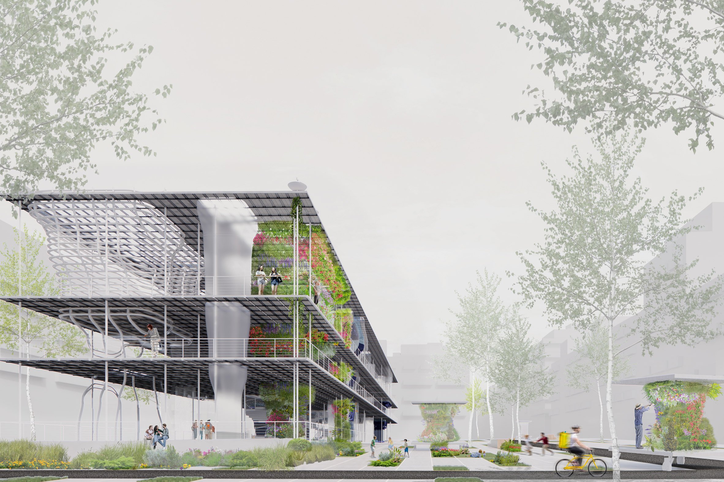 A visualisation of a sustainable water centre, in tones of grey with green plants integrated into its design.