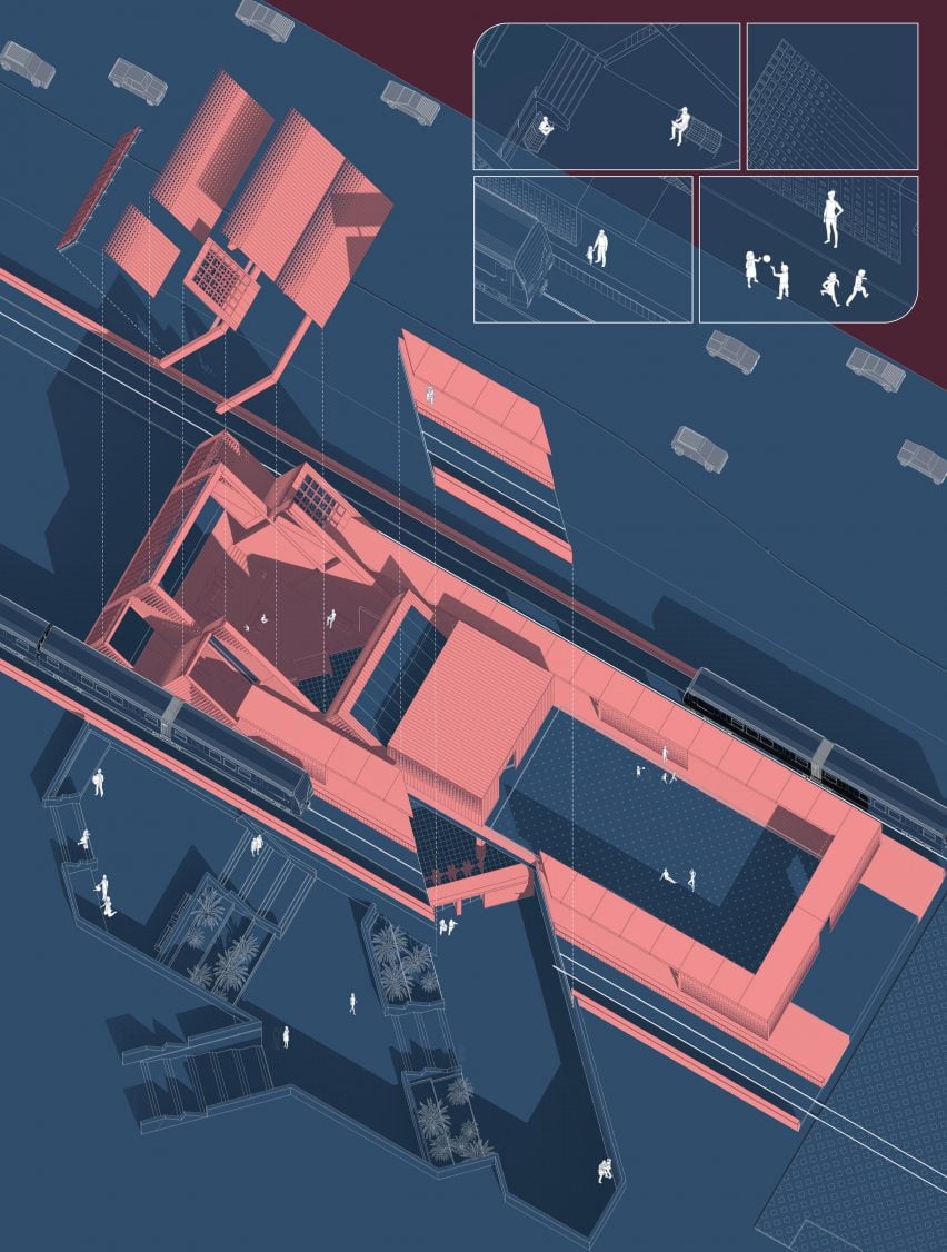 A digital diagram of a proposal for a train station, in tones of pink and blue.