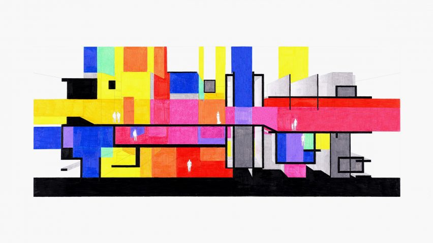 A diagram of a building in tones of blue, yellow, orange, red, pink, grey and black, against a white background.