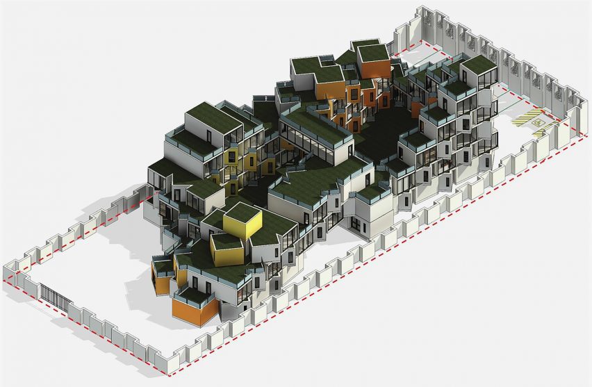 A visualisation of a housing complex in tones of grey, orange, yellow and brown, with patches of green on its rooftops, surrounded by a white fence.