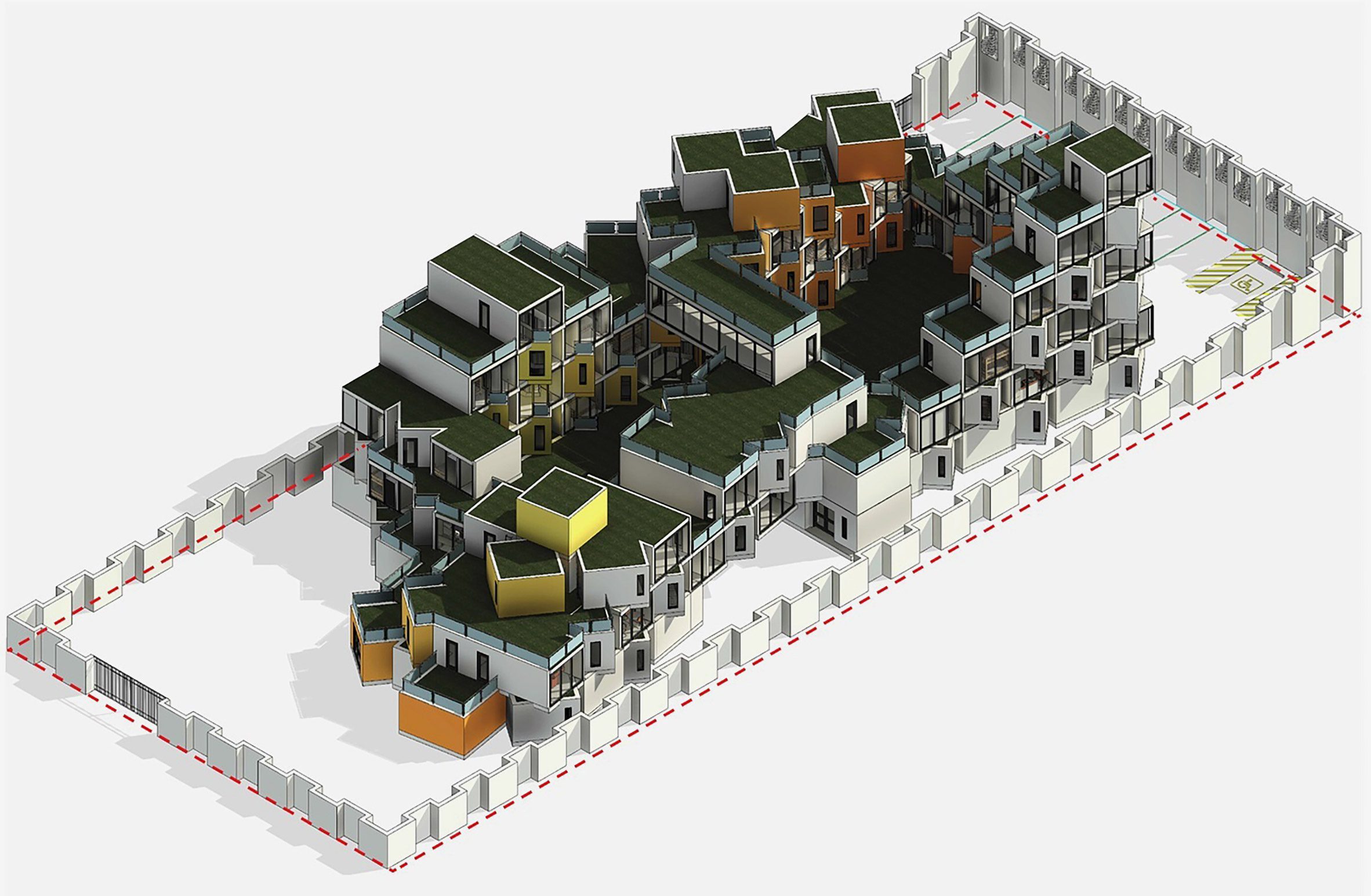 A visualisation of a housing complex in tones of grey, orange, yellow and brown, with patches of green on its rooftops, surrounded by a white fence.