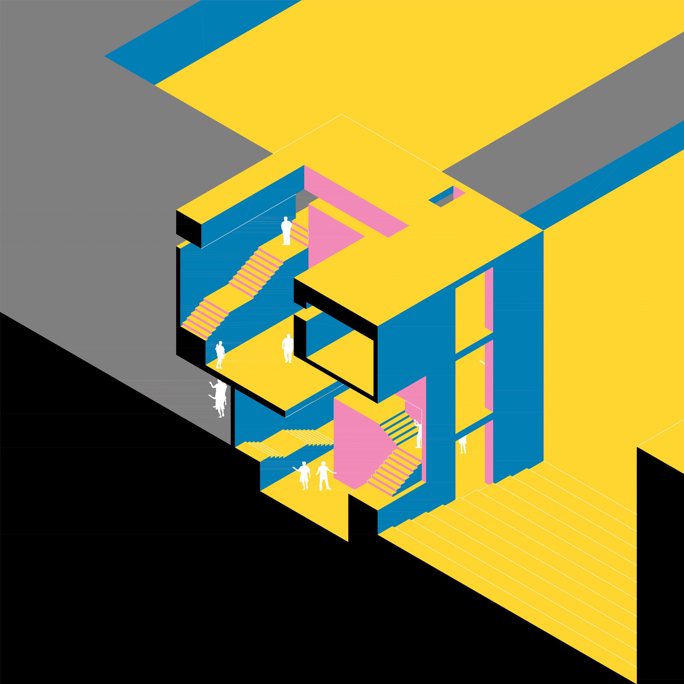 A digital image of an architectural proposal, in tones of yellow, blue, pink, black and grey.