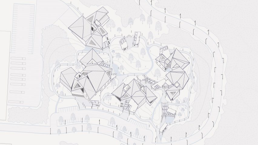 A digital illustration from above of am education centre, in tones of black and white.