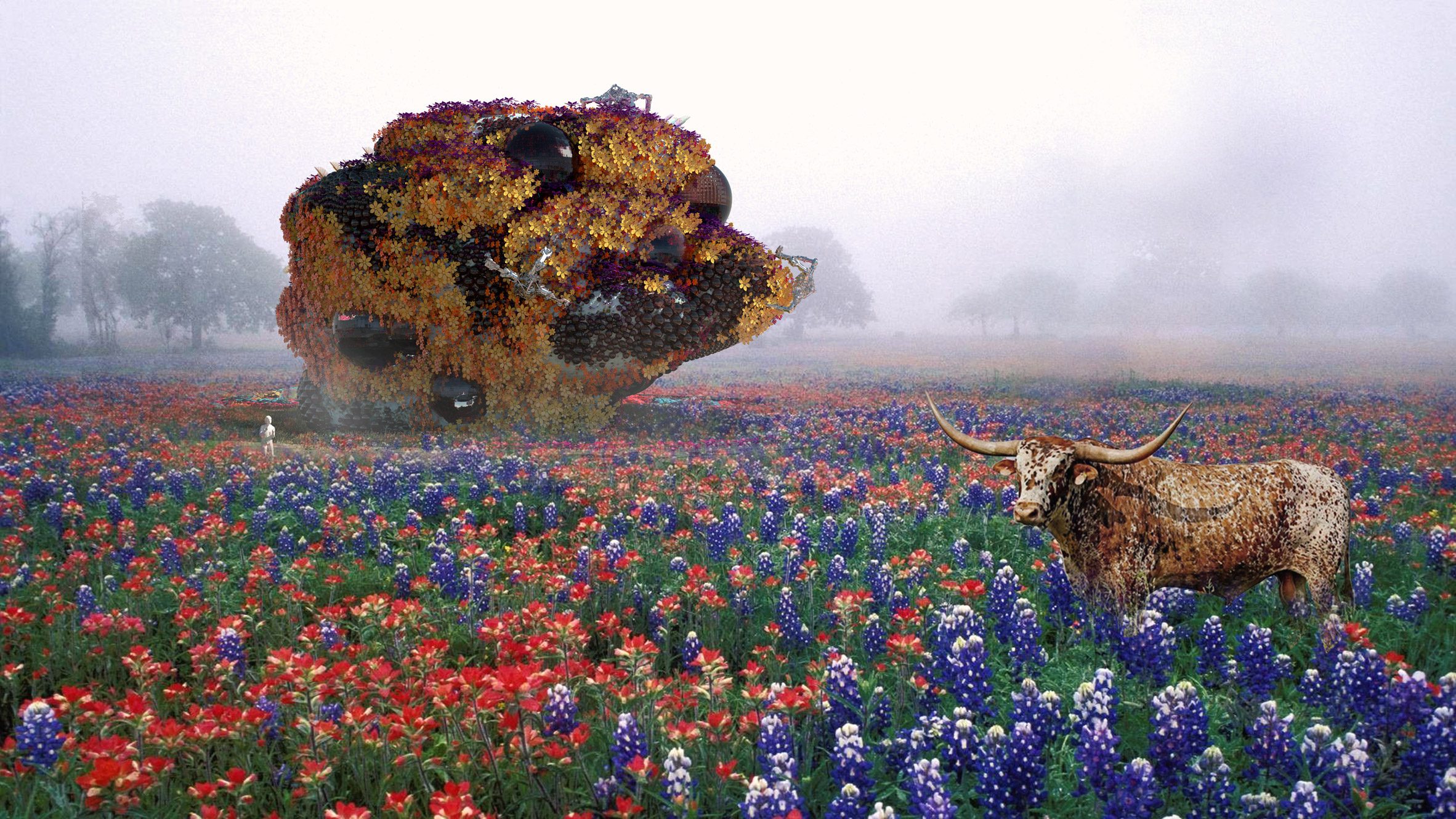 A visualisation of a house built for remote working, which is covered in orange flowers amid a field of flowers in tones of blue and red. There is a grey sky above, and a brown bull to the right of the image, standing in the field.