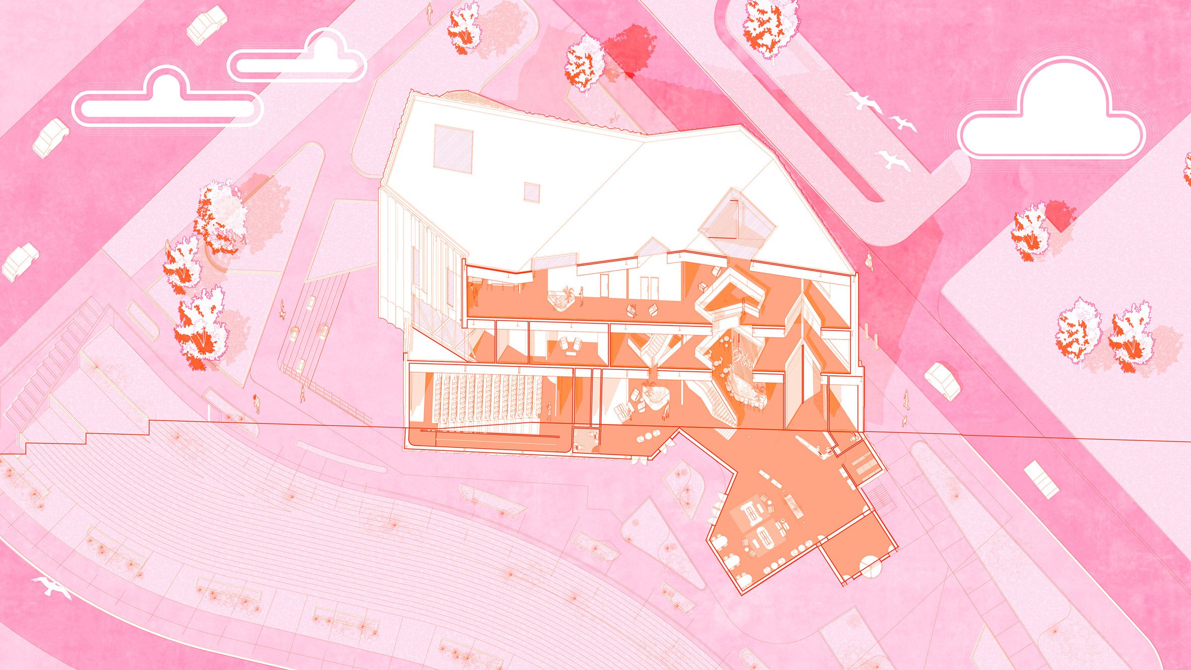 A visualisation from above of a building in tones of orange, with a pink background surrounding it.