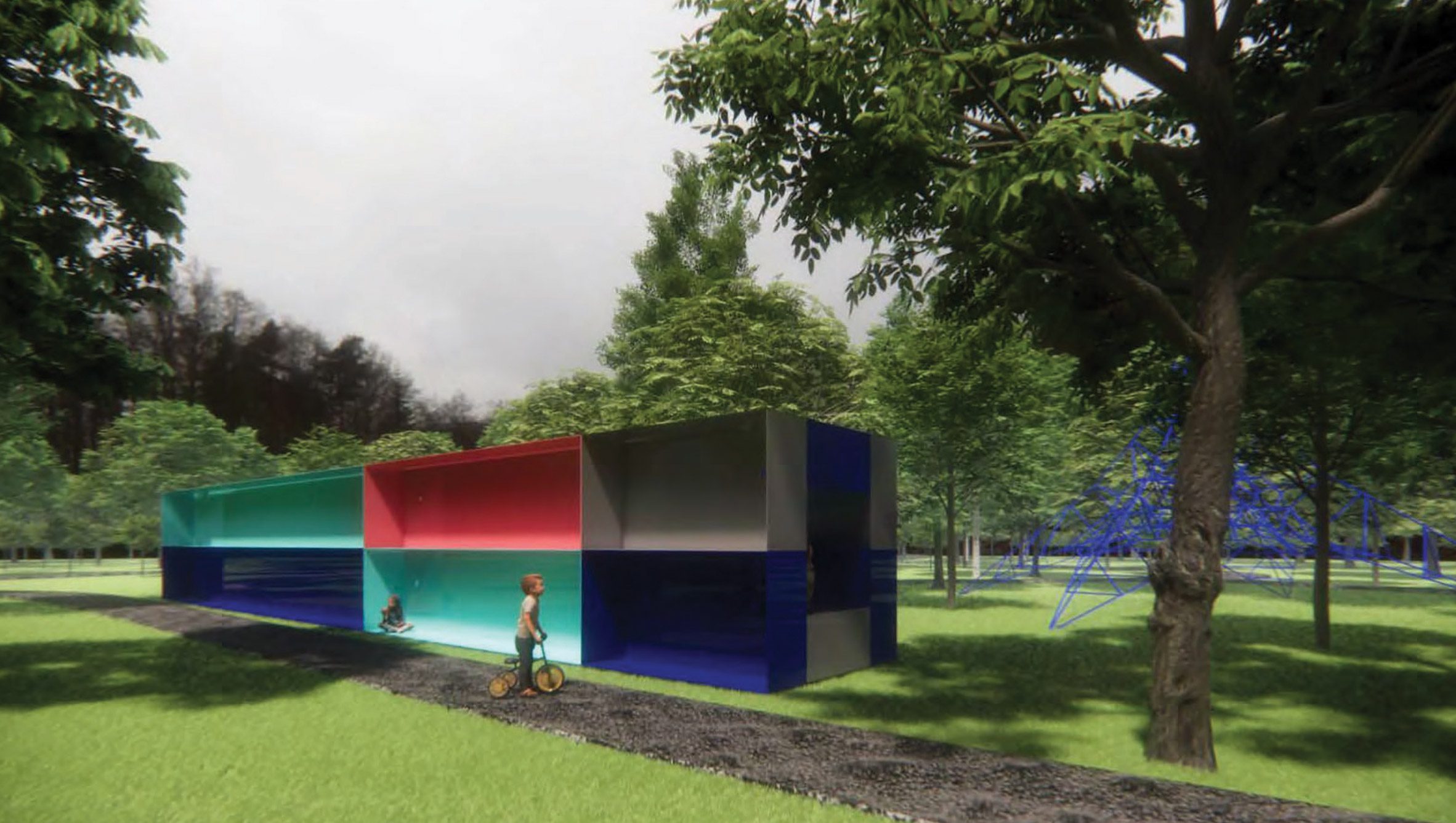 A visualisation of a building that serves as a space for metalwork and crafts, in tones of blue, grey and red, amongst a green space with trees.