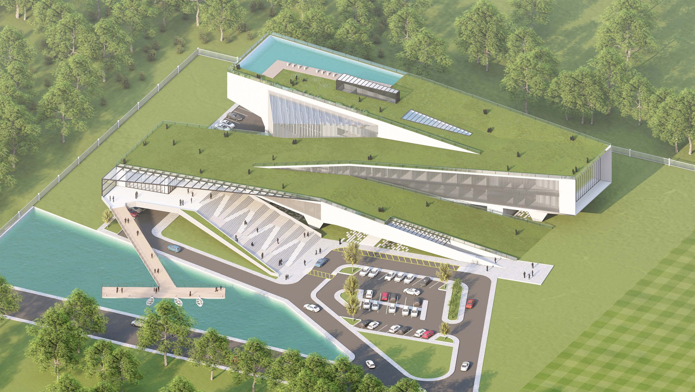 A visualisation of a community centre from above, in tones of blue and green.