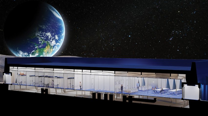 A visualisation of a space habitation, in tones of white, black and blue, against a night sky with the Earth in the background.