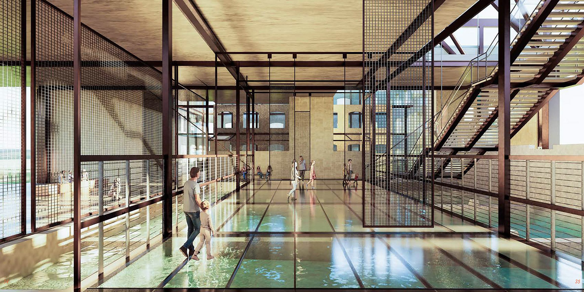 A visualisation of a bath house, with blue water and brown beam structures. There are people walking through the space.