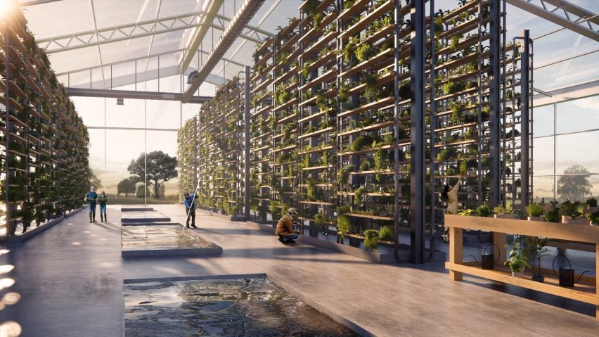 A visualisation of a mall with large green planter walls in its space.