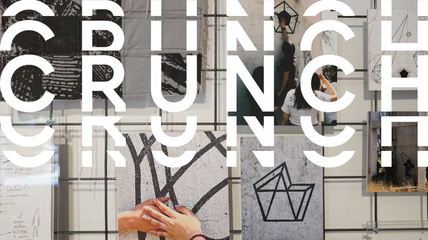 A photograph of a series of images displayed on a wall in tones of grey and black, with a person's hand touching one of them. There is distorted white text over the image that reads the word 'crunch'.