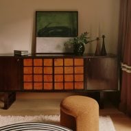 Coffee table, modernist stool and red side cabinet