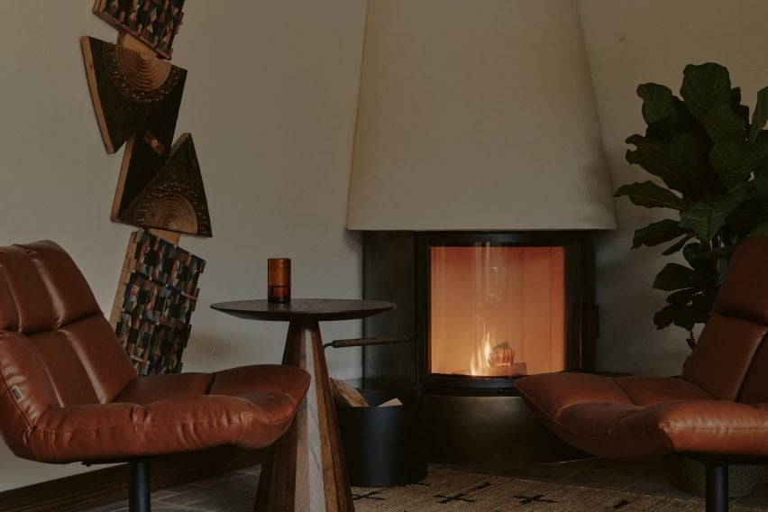 fire place with armchair and side table