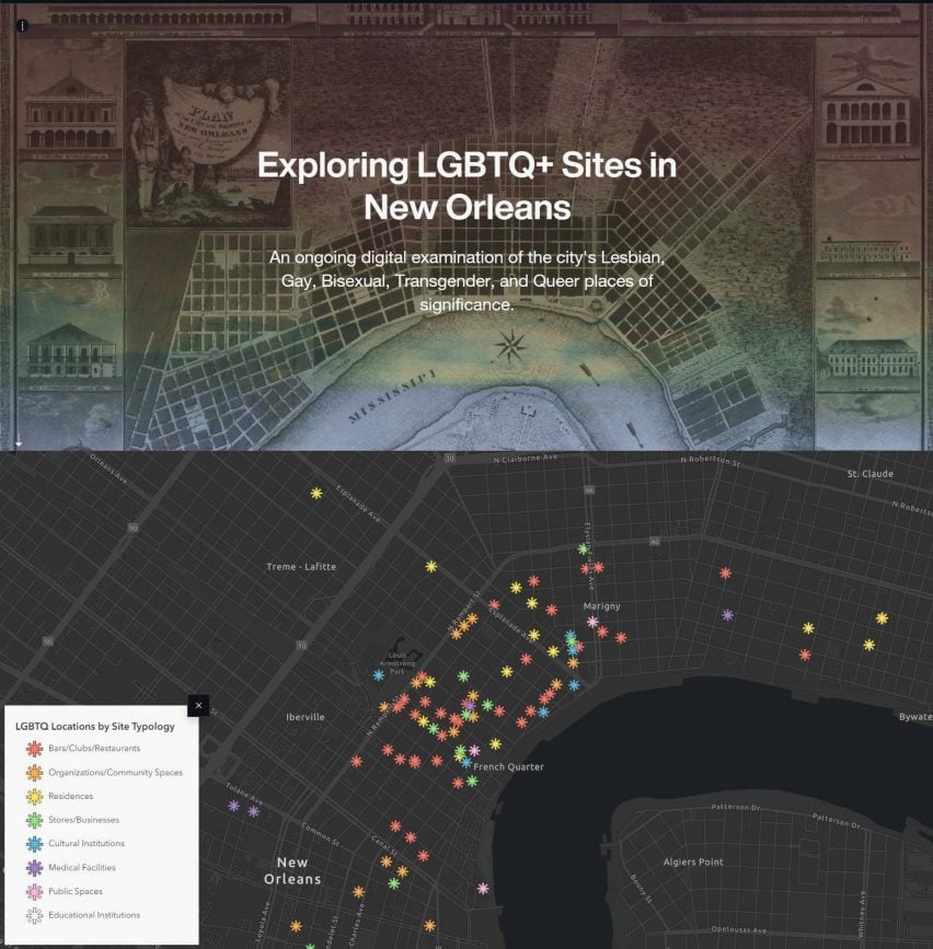 A black digital map of New Orleans showing its different LGBTQ+ sites, colour-coded in different colours of red, orange, yellow, green, blue, purple, pink and white. Above the map is an image of a vintage map illustration overlaid in rainbow colours and white text.