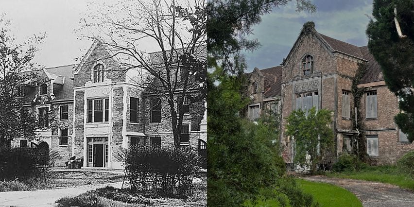 Two photographs beside one another; one displaying an old brick house in a black and white pixelated effect, another showing the same building in a high-resolution, coloured photograph.