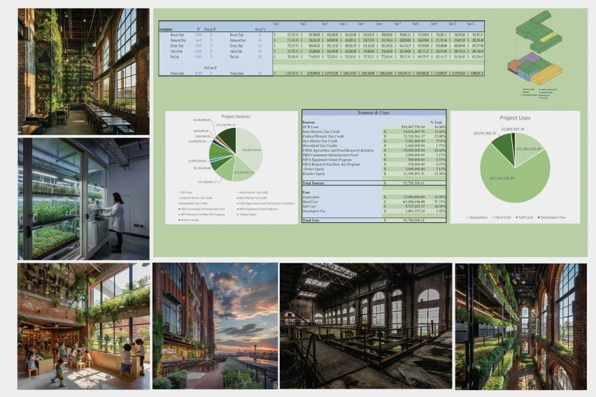 A series of visualisations of a building in tones of green, brown and white, alongside charts and tables in tones of green and white.