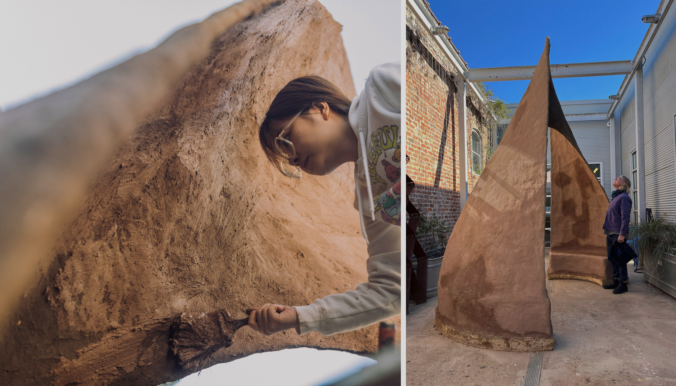 Two photographs adjacent to one another; one showing a person painting a curved brown clay structure, the other showing a person looking at a curved brown clay structure.