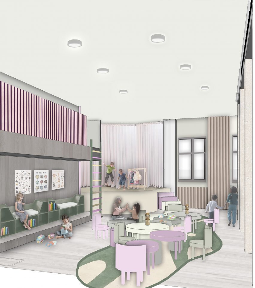 A visualisation of a community centre in tones of purple, green, grey and white. There are people interacting in the space and various seating and tables.