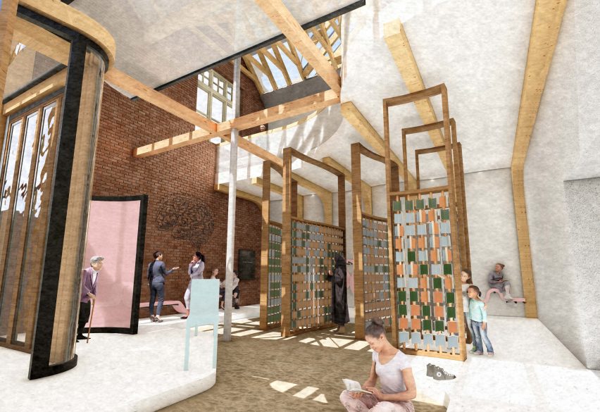 A visualisation of a community space for women in tones of brown and grey.