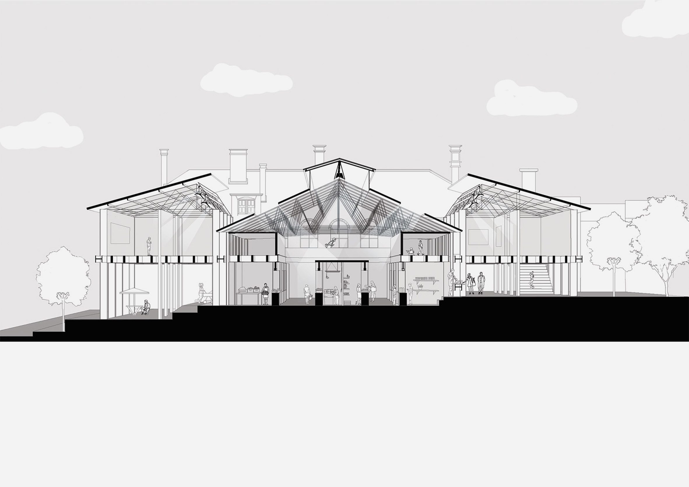 A black and white digital illustration of a building for a food market.