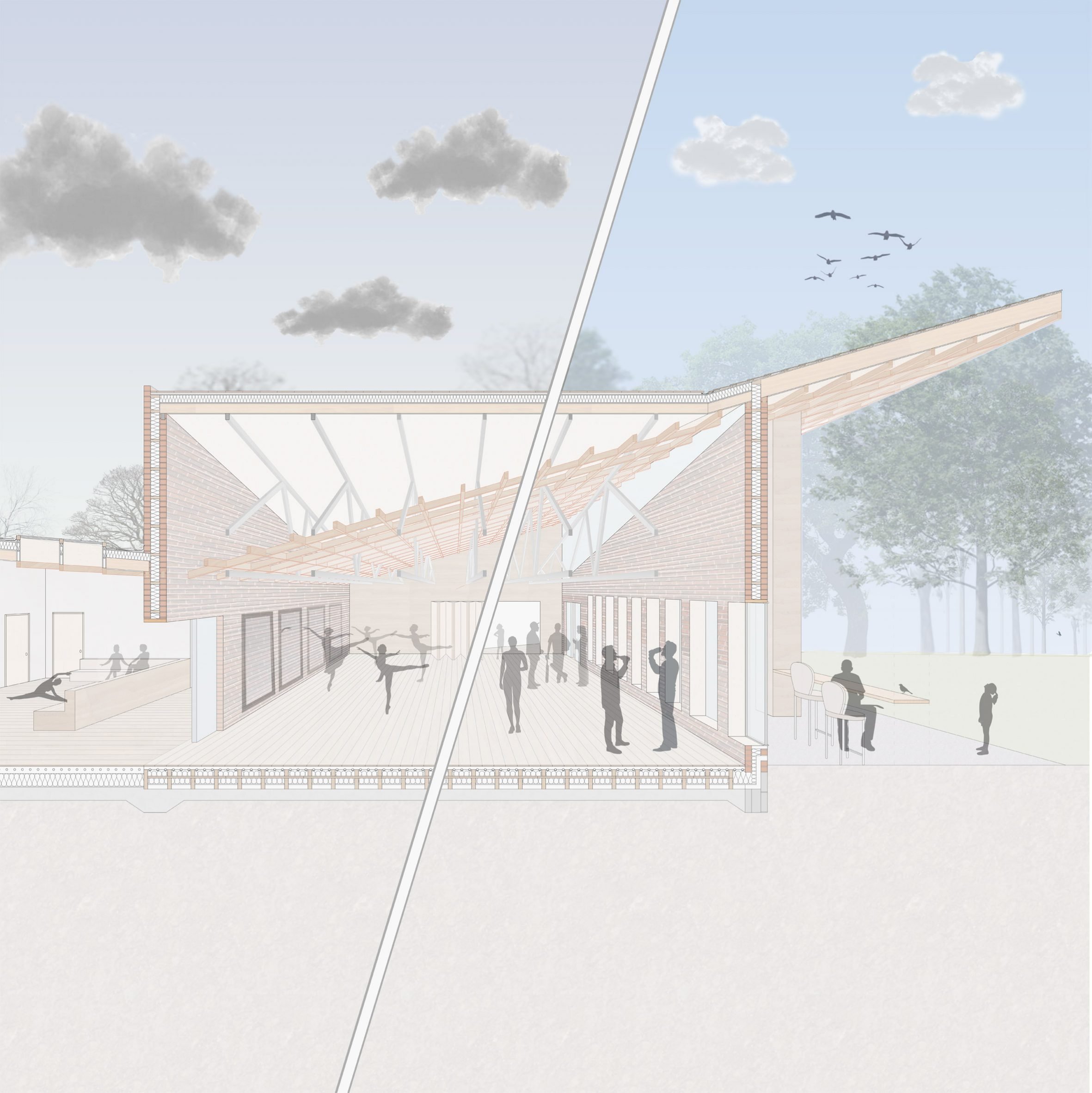 A visualisation of a building that doubles as a cricket and dance studio, in tones of brown, against a blue sky.