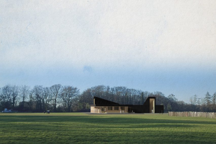 A visualisation of a cricket pavilion in tones of brown and black, situated in a green field with a blue sky above.