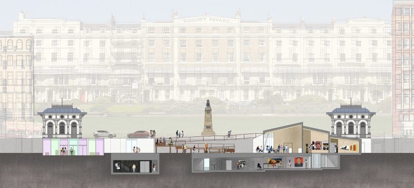 A visualisation of a museum in tones of grey and brown, with a backdrop of buildings.