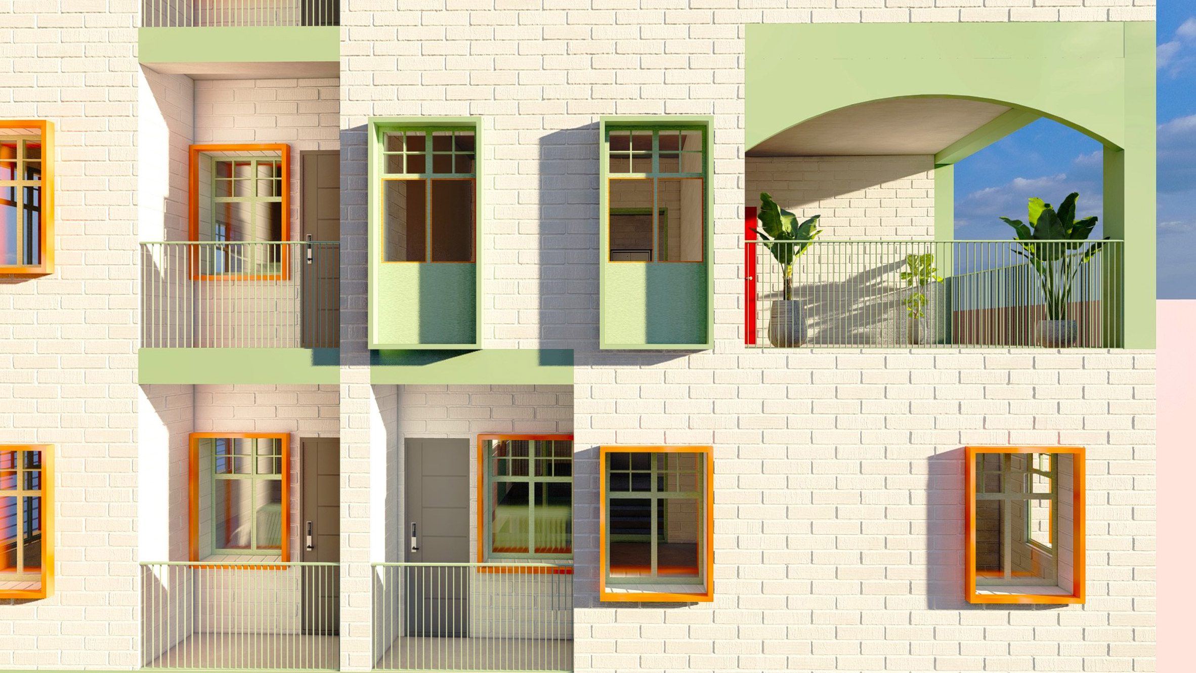 A visualisation of a white brick building with window and door frame details in green and orange.