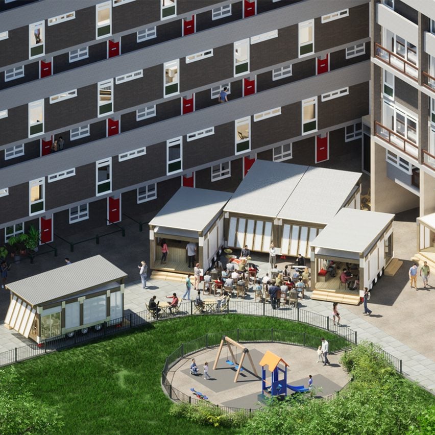 A visualisation of a housing estate in tones of grey, red and white with market stalls in its courtyard.