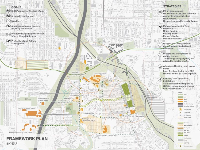 A plan on a map for an area of Atlanta, where certain areas are highlighted as sentimental places.