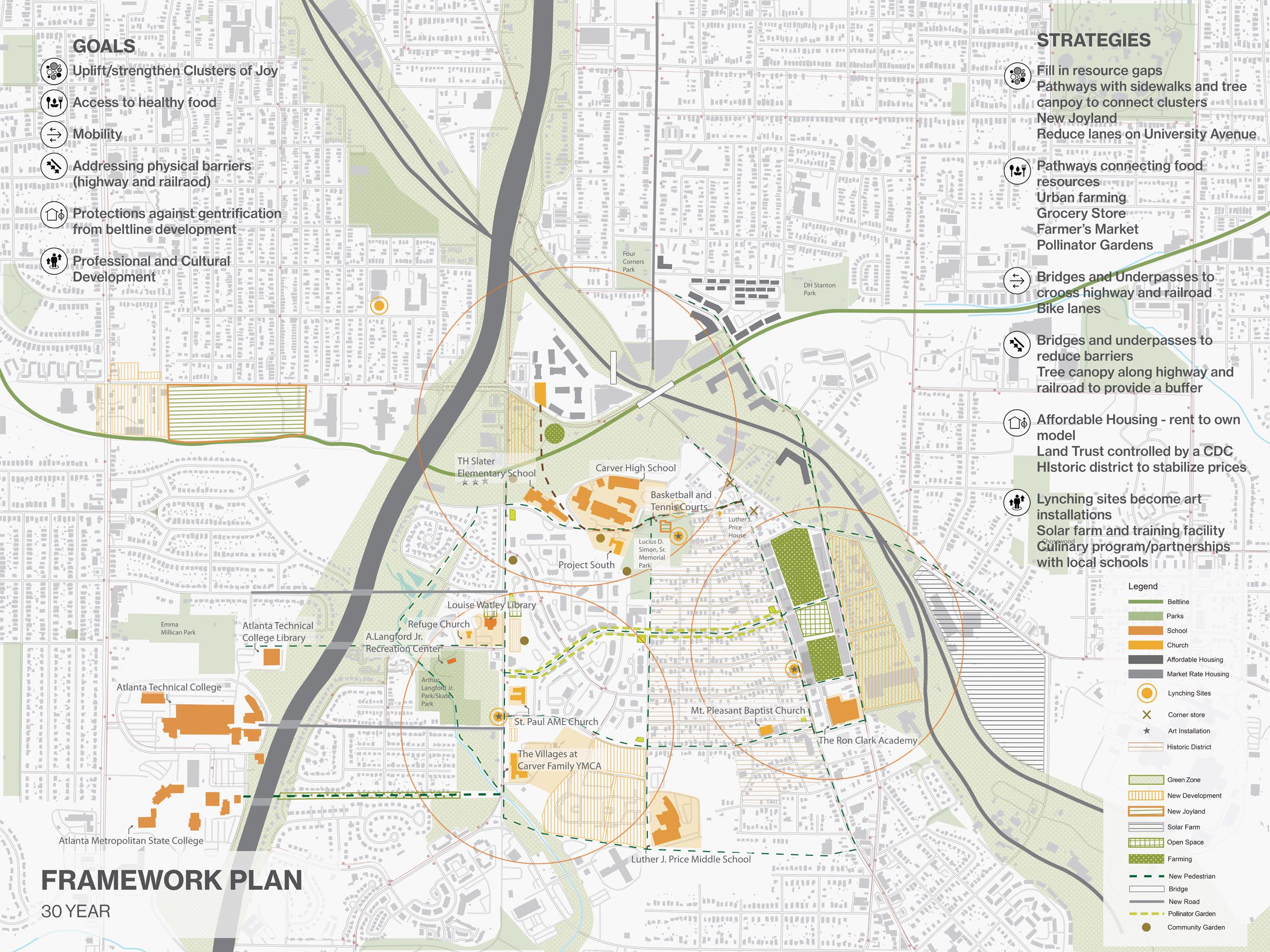 A plan on a map for an area of Atlanta, where certain areas are highlighted as sentimental places.