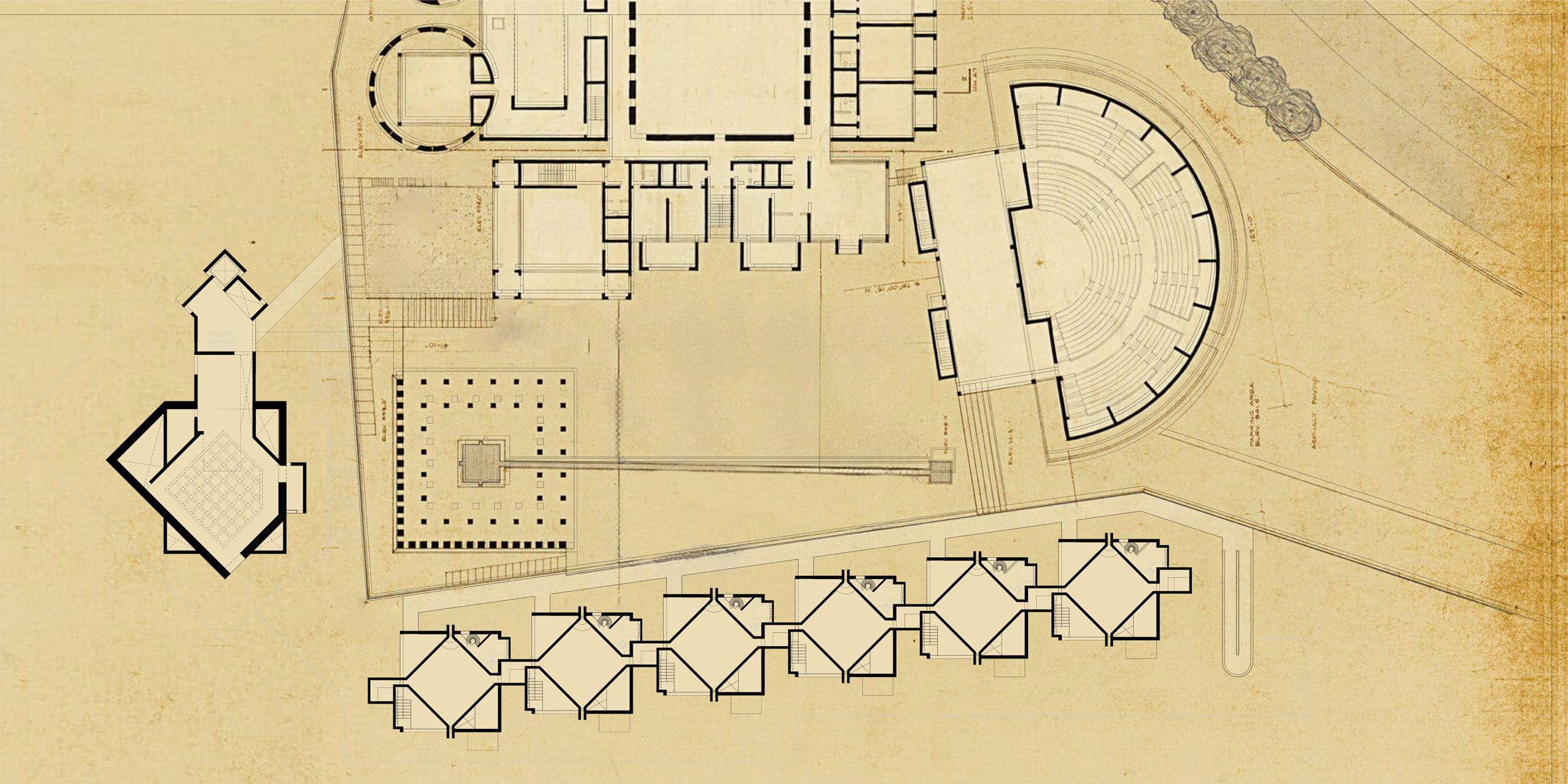 An architectural plan for a painters' retreat in tones of brown and black.