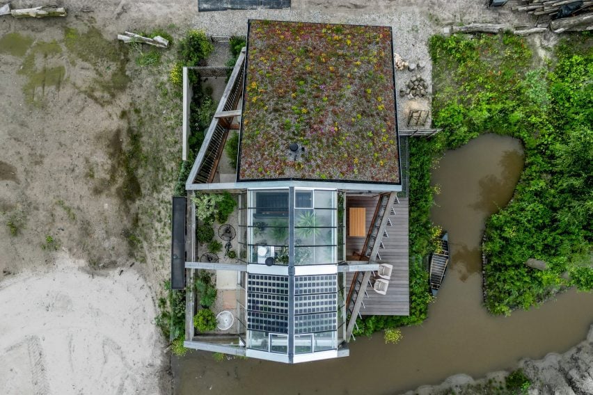 Aerial view of Dutch home topped by a greenhouse