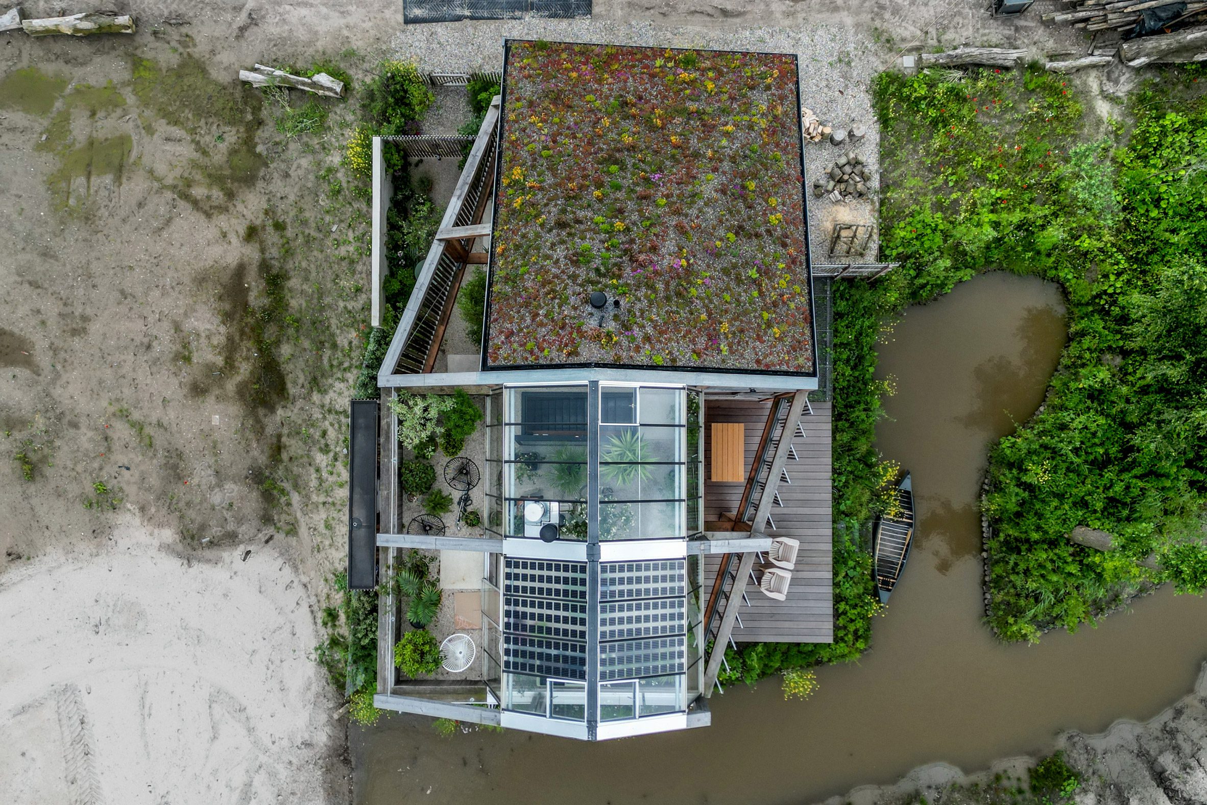 Aerial view of Dutch home topped by a greenhouse