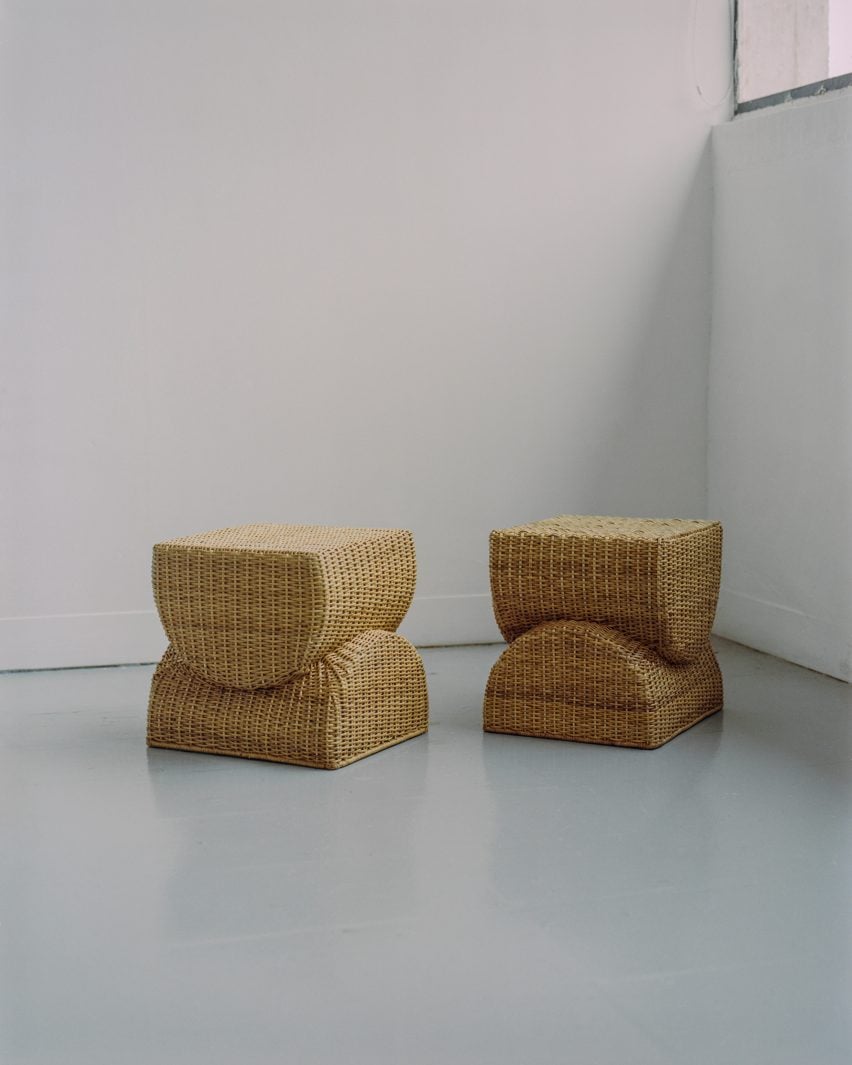 Photograph of two stools that have been woven from yaré.