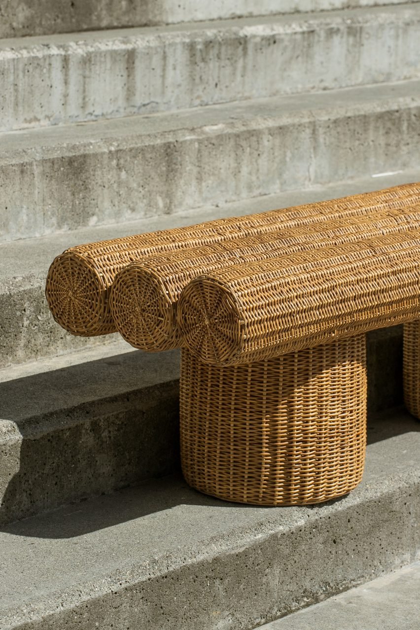 Close-up photograph of a bench that has been woven from yaré.