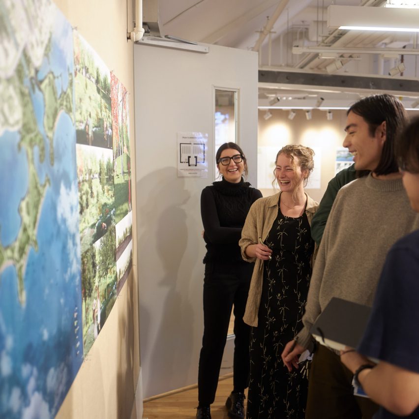 Photographs of students looking at work being exhibited.