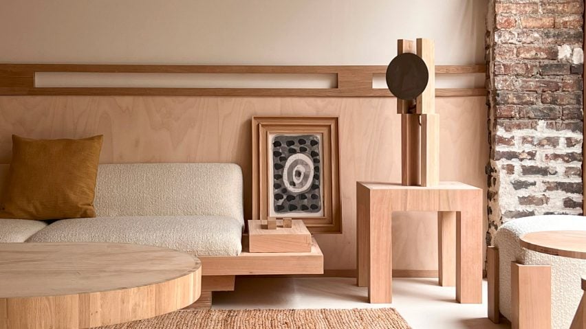 Close-up photograph of wooden furnishings in the lounge.