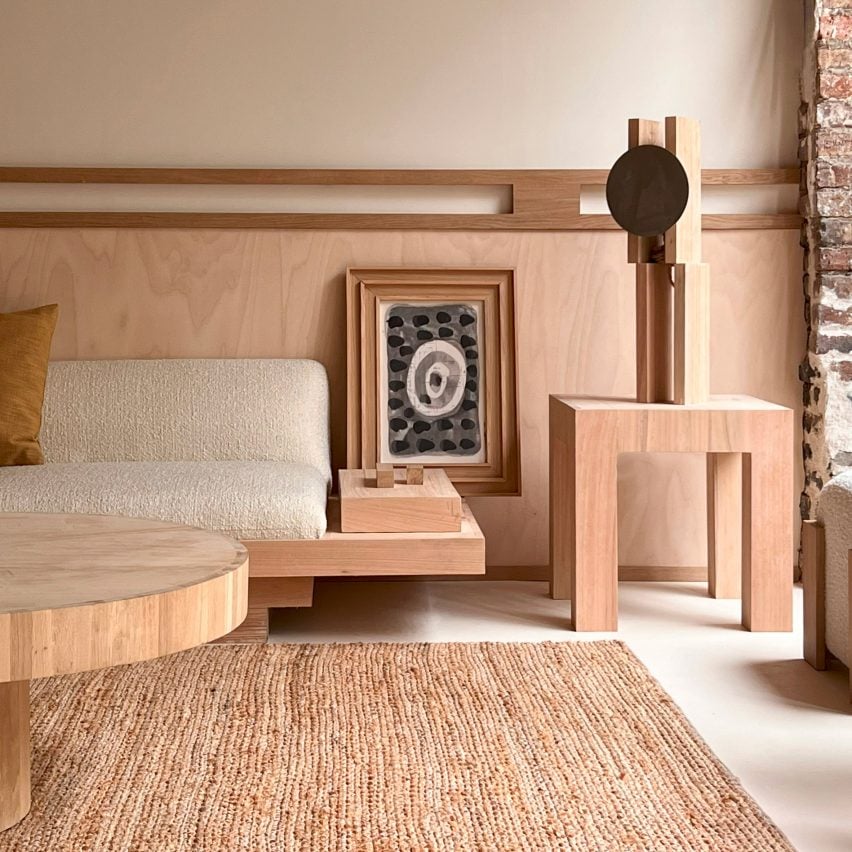 Close-up photograph of wooden furnishings in the lounge.