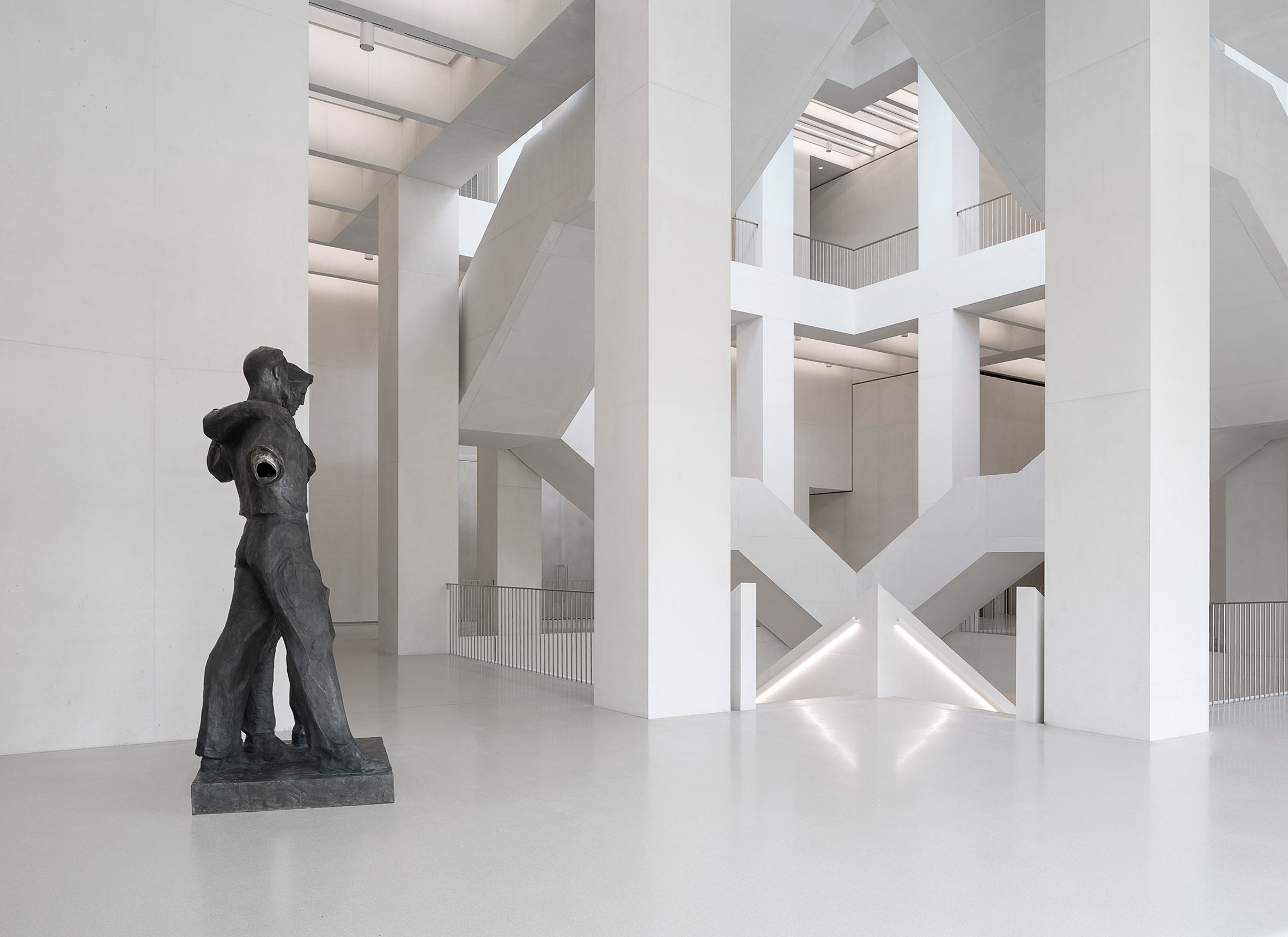 Sculpture by double staircase inside the museum of modern art in Warsaw