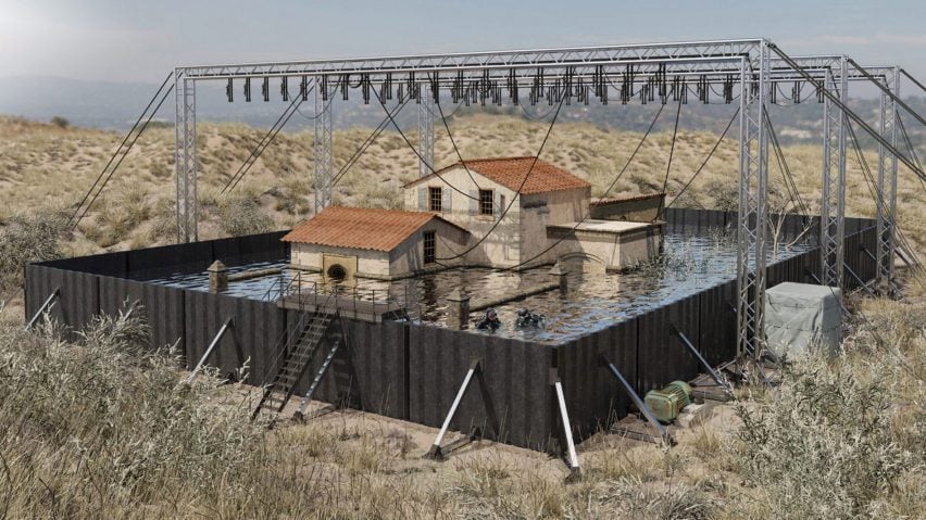 A visualisation of an architectural research model in a rural setting. The model is a large vessel of water, containing a building in brown tones, with a metal frame over its head. There is a blue sky above.