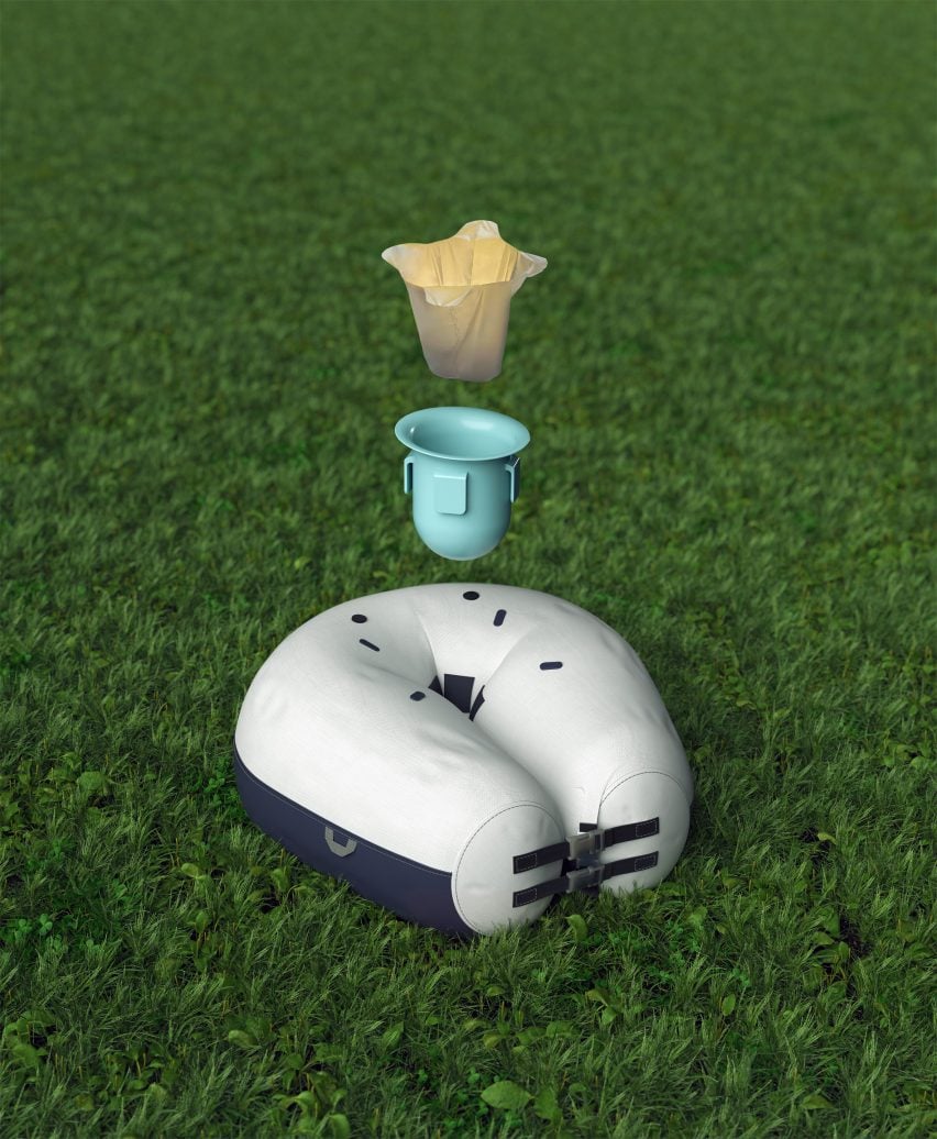 Render showing composition of AirPot inflatable hiking toilet 