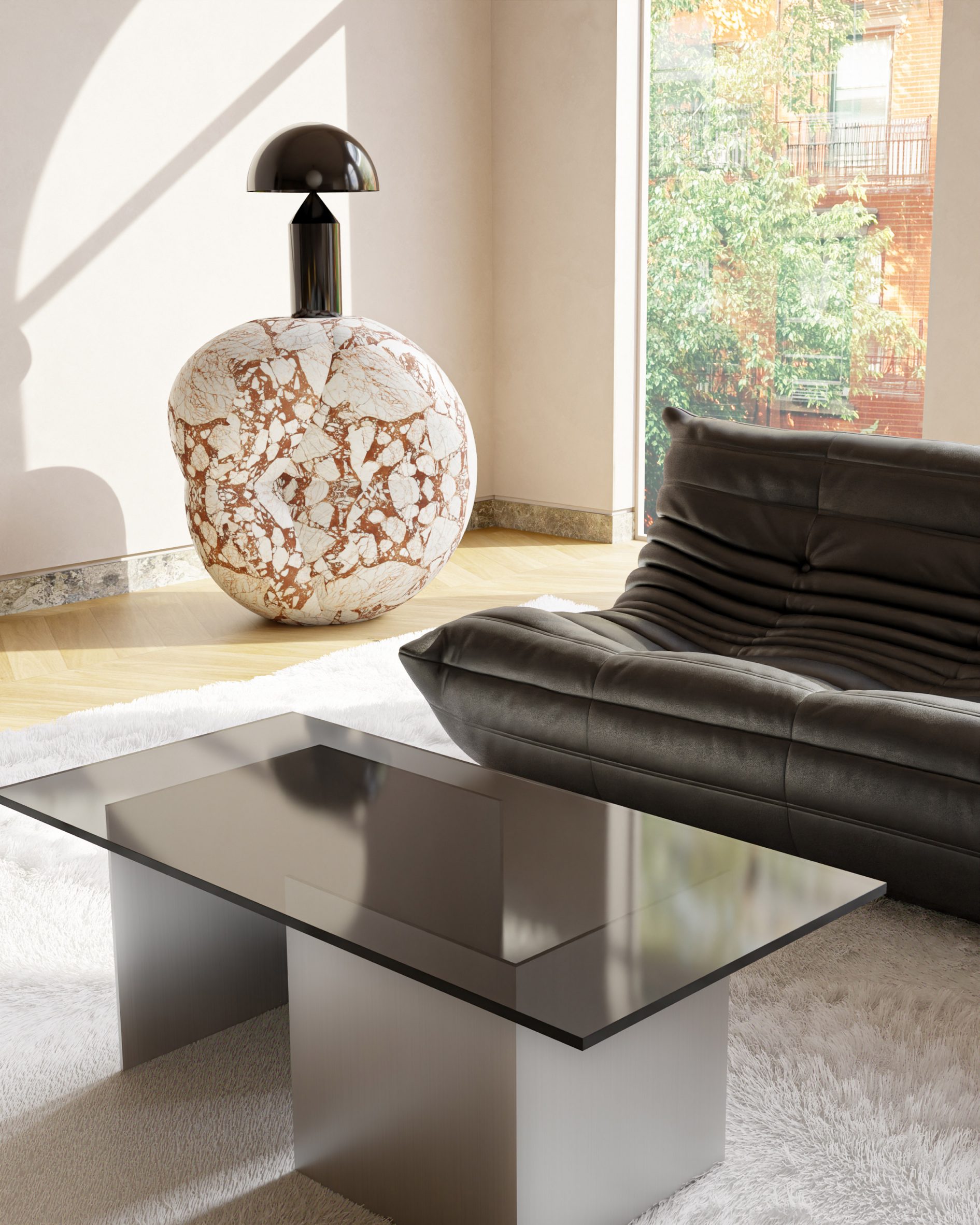 Close up of a coffee table with a smoked glass top in a living room