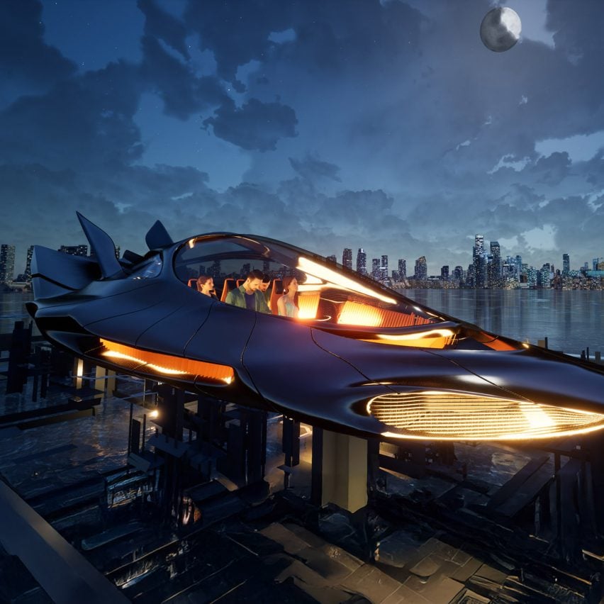 A visualisation of an aircraft vehicle in tones of orange and blue, above a cityscape in at night in tones of dark blue.