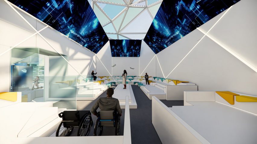 A visualisation of a community centre in tones of blue, white and yellow, with figures and seating blocks in the space.