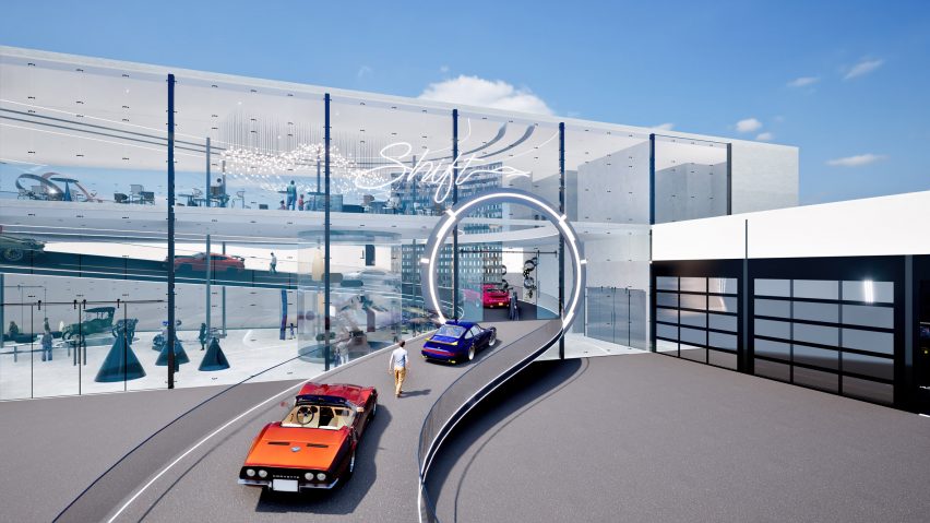 A visualisation of a glass building, with a grey ramp leading up to its circular frame entrance. On the ramp is a person and cars in tones of blue and red. There is a blue sky above.