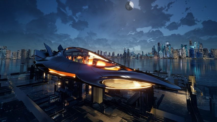 A visualisation of an aircraft vehicle in tones of orange and blue, above a cityscape in at night in tones of dark blue.