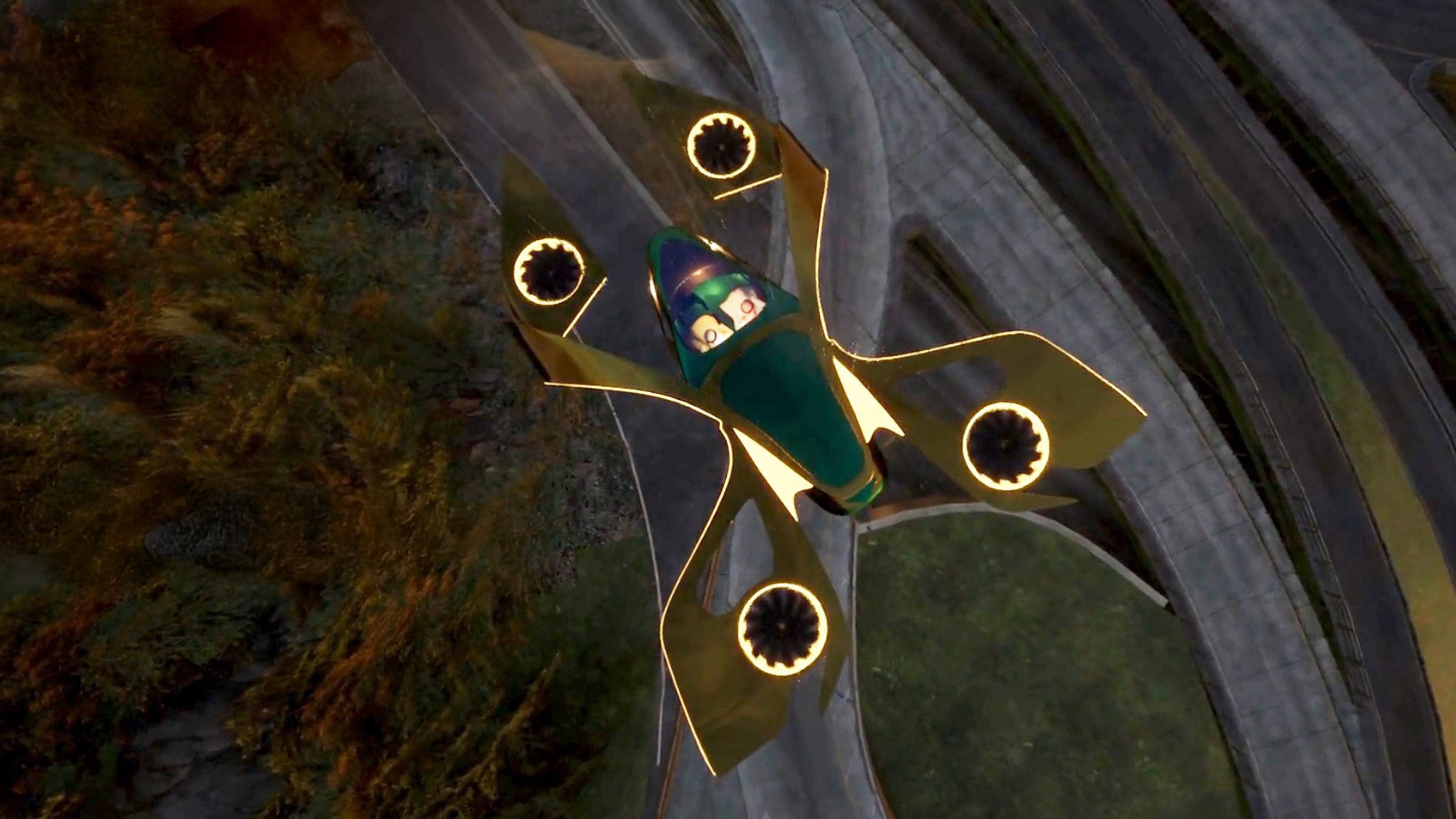 A visualisation of an aircraft in tones of green flying above grey roads and green space.