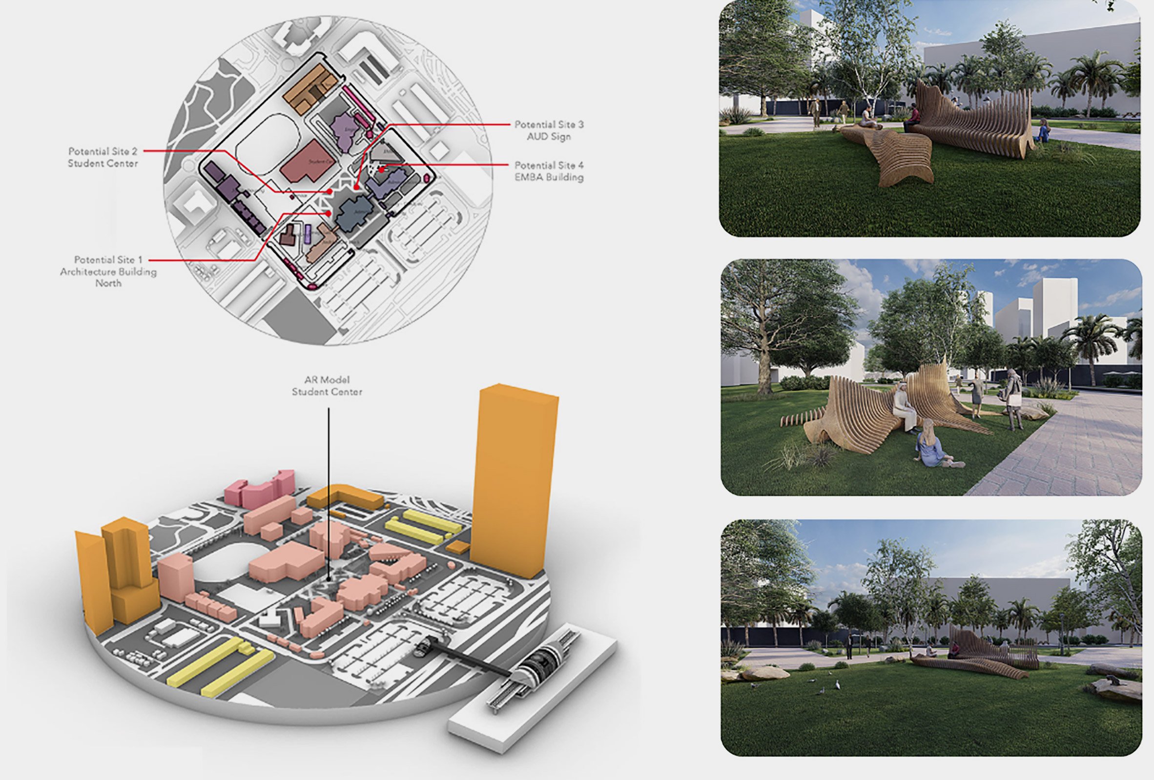 A three-dimensional visualisation of a group of buildings in tones of pink, orange and yellow, beside a series of images of a green space with a brown installation on it.